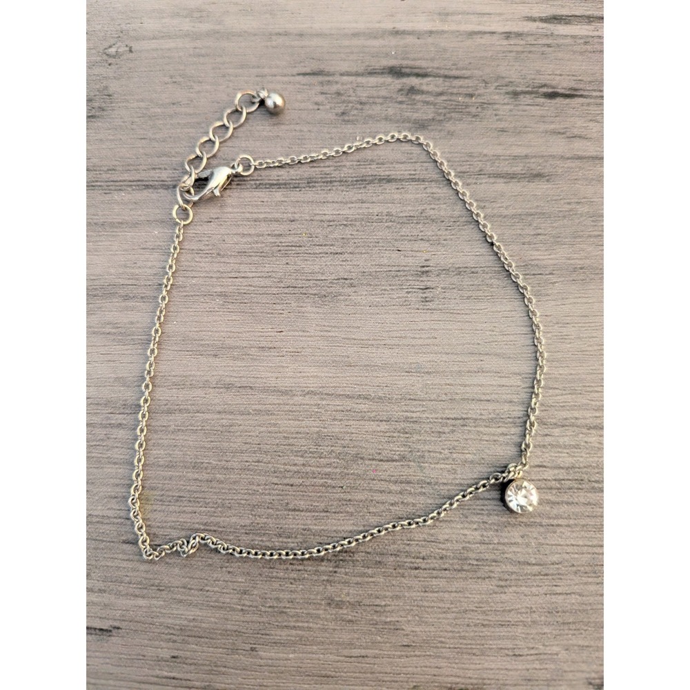 Silver Rhinestone Solitaire Dainty Chain‎ Anklet Adjustable Extender 8.5-10.5in